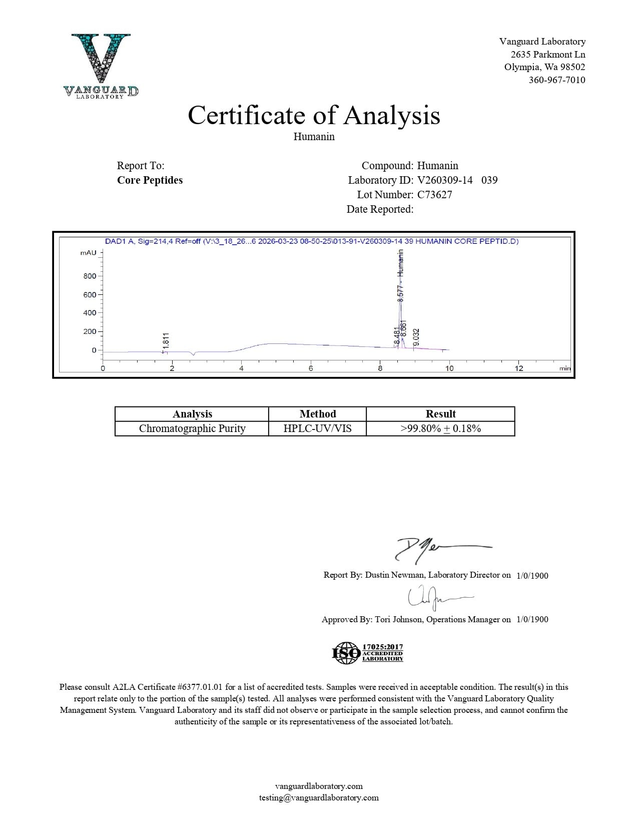 Humanin (10mg) - Certificate of Analysis